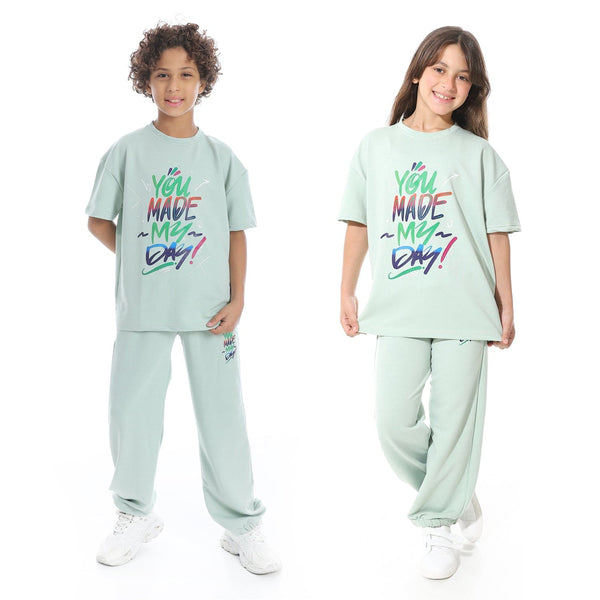 Comfortable summer children's pajama set with a front print, unisex