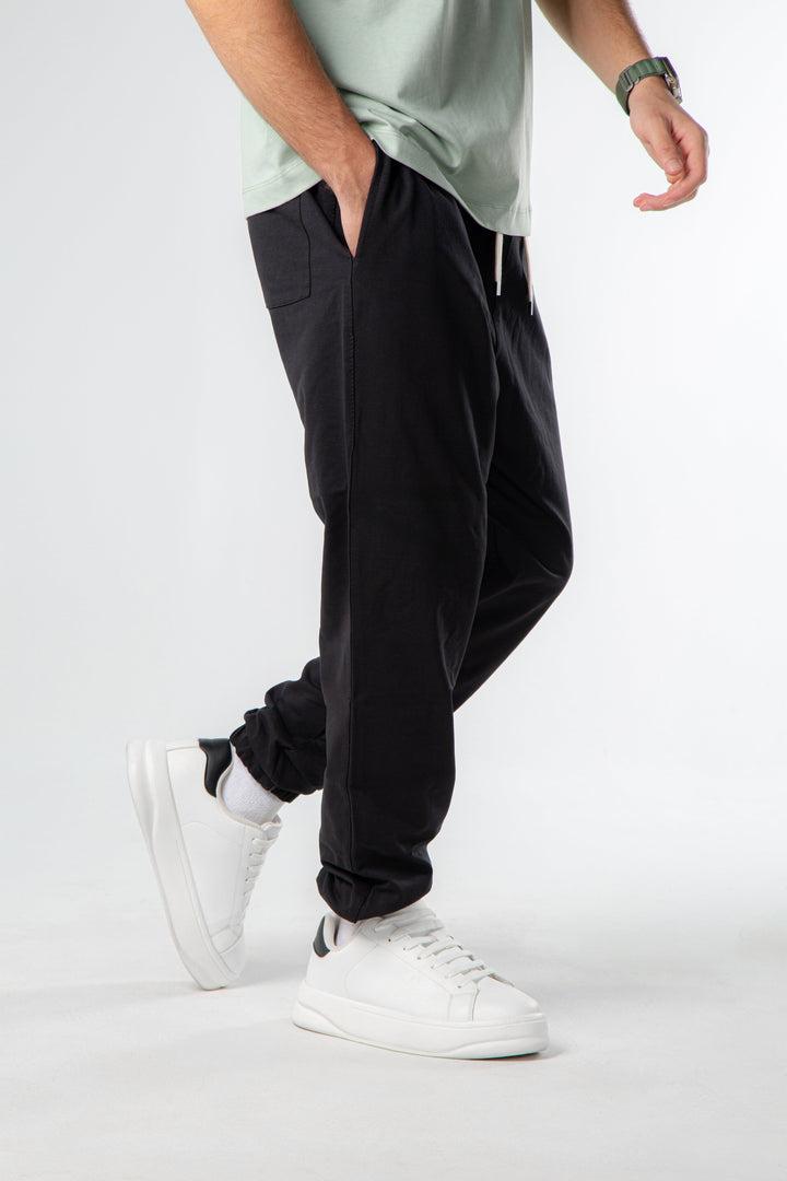 WASHED JOGGER WAIST PANTS - Black.