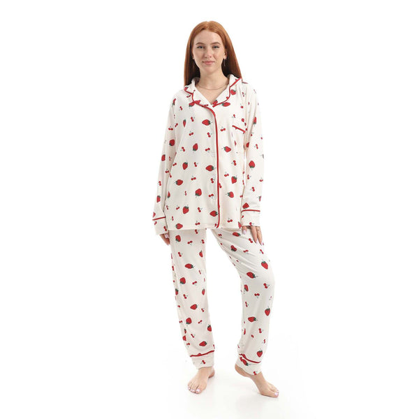 Classic long-sleeved strawberry print pajamas