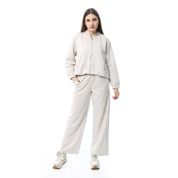 Melton zip-up hoodie and wide-leg pants set
