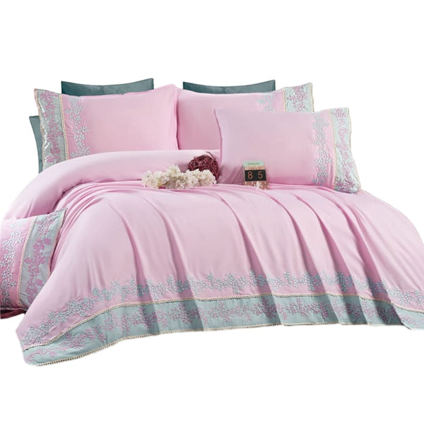 طقم ملاية سرير 4 قطع بينك مطرز