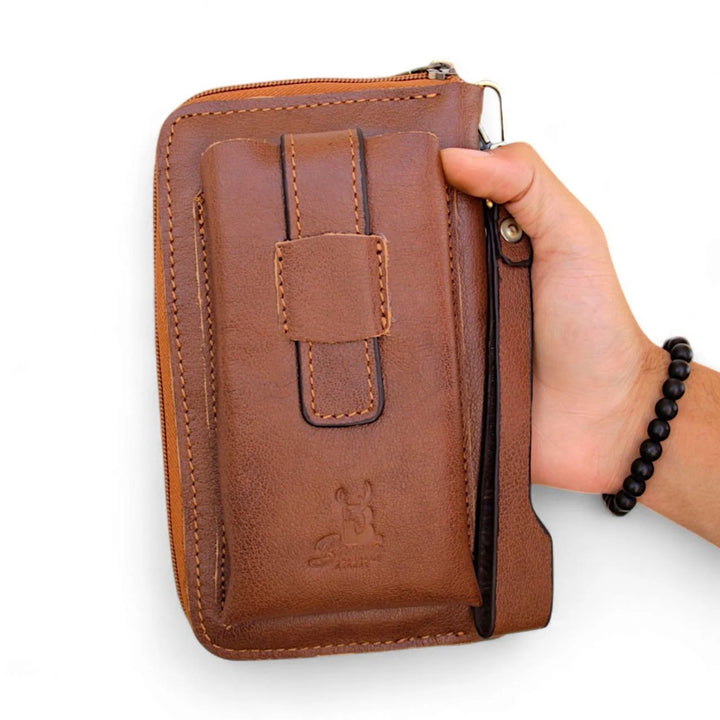 شنطة يد رجالي أنيقة من الجلد الطبيعي – متعددة الاستخدام بيد ثابتة وقابلة للإزالة.