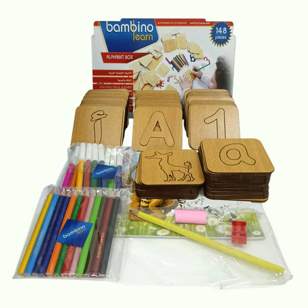 Educational box for children, blank stencils of letters, numbers, and colors