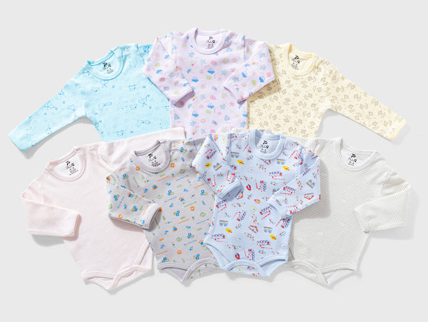 Newborn bodysuit with long sleeves, multi-colored printed cotton