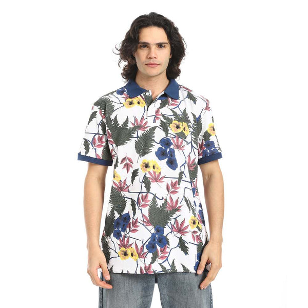 تي شيرت بولو  أبيض في أزرق وخامة قطن 100%