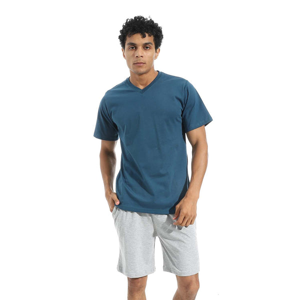 Stylish men's pajama set, V-neck, 100% cotton