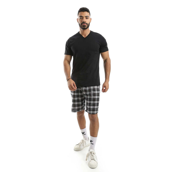 Men's 100% cotton pajama set with a distinctive V-neck
