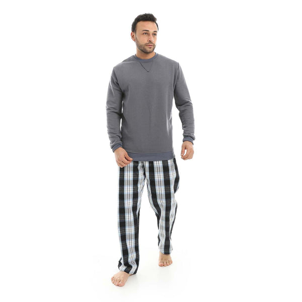 Men's summer Milton pajamas with a round neck and patterned pants