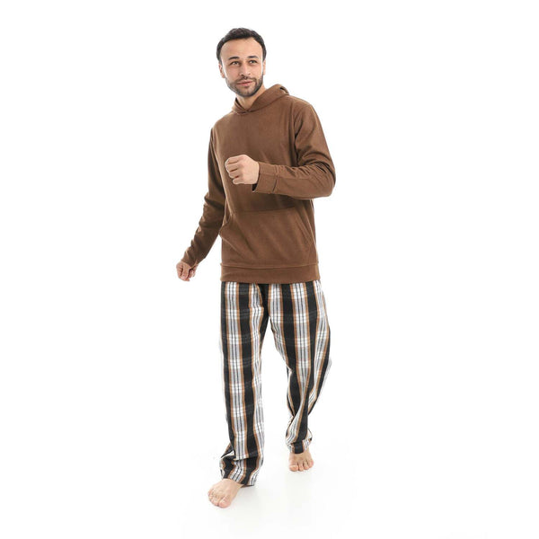 Brown velvet pajamas with zipper, hood, and plaid pants