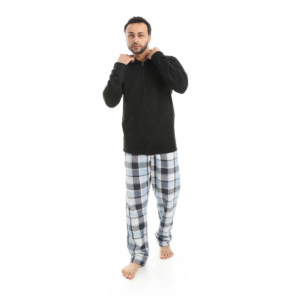 Velvet pajama set with zipper, hood, and plaid pants