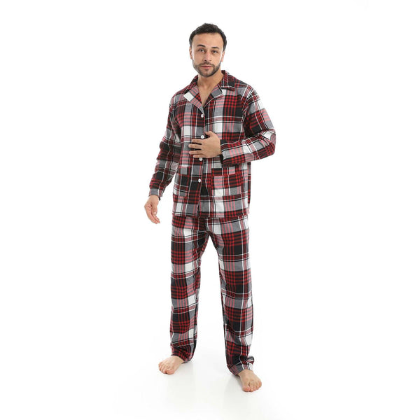Red pajama set with square buttons, made of soft and comfortable material