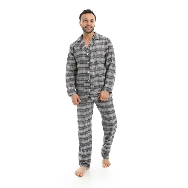 Gray pajama set with square buttons, made of soft and comfortable material