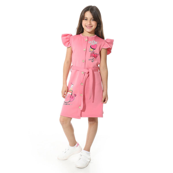 Elegant girls' dress with a front print, buttons, and a belt at the waist.