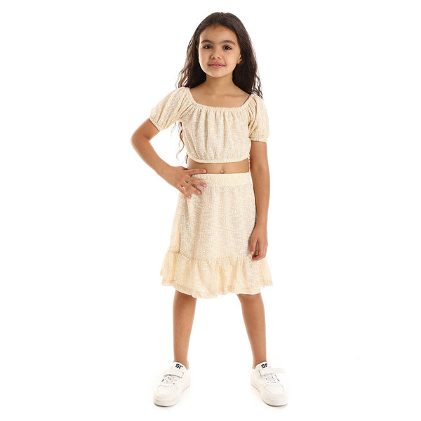 Girls' knitted set with short sleeves and an elasticated skirt