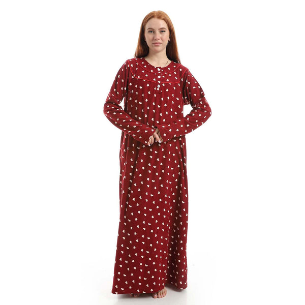 Heart print nightgown with sleeves and buttons