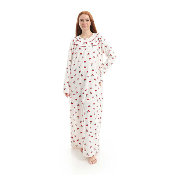 Cherry print nightgown with sleeves and buttons