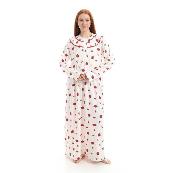 Strawberry print nightgown with sleeves and buttons