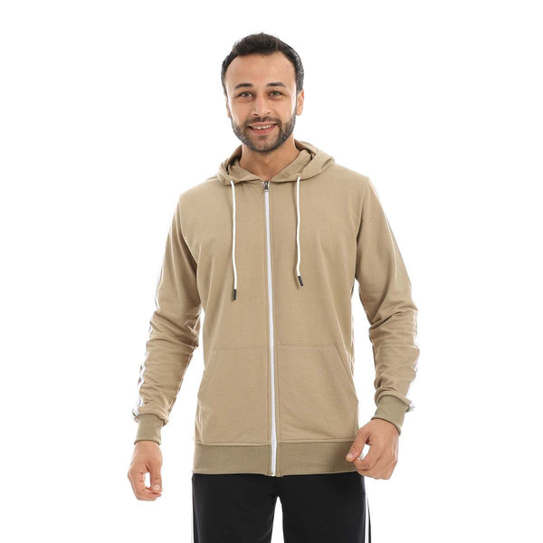 سويت شيرت رجالي بسحاب وخطين أبيض بخامة قطنية