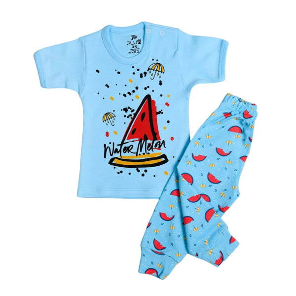 Newborn baby set, half-sleeve, light blue cotton, multi-print