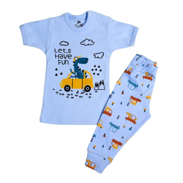 Newborn baby set, short-sleeved, blue cotton, multi-print