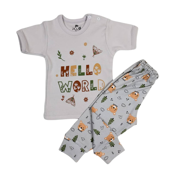 Newborn baby set, short sleeves, gray, multi-print cotton