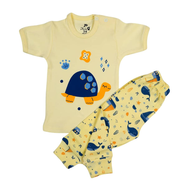 Newborn baby set, short-sleeved, yellow cotton, multi-print