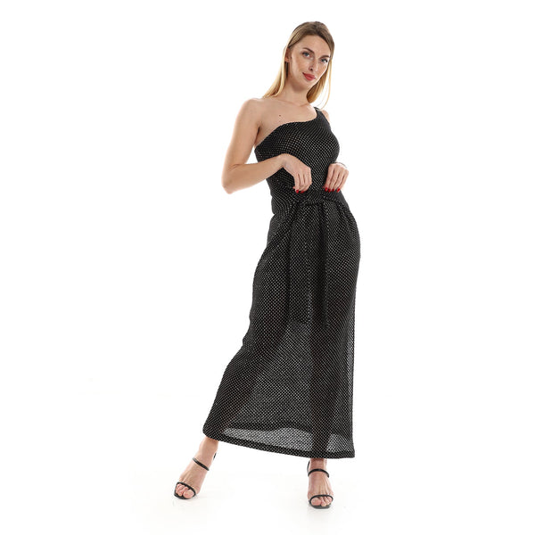 فستان نسائي محبوك بكتف واحد مع حزام مزخرف