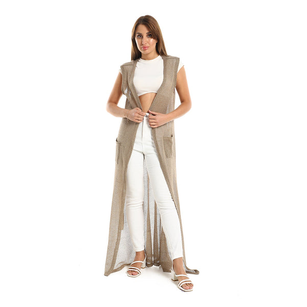 Women's long sleeveless cardigan with a perforated design
